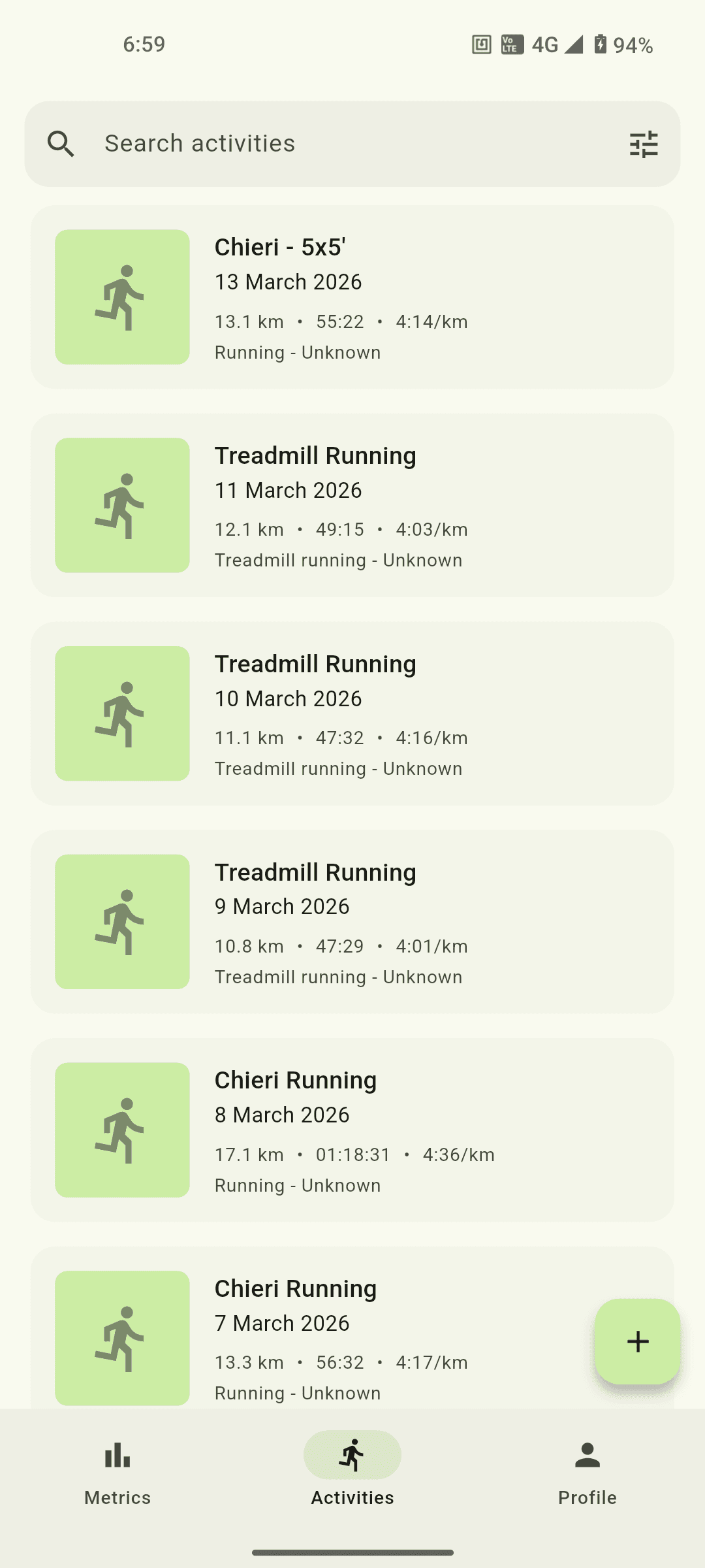 Searchable activity list